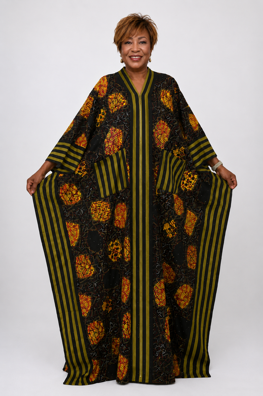 Ankara & Asooke 2-in-1 Kimono Maxi Dress with Rhinestone | Agbeke Style