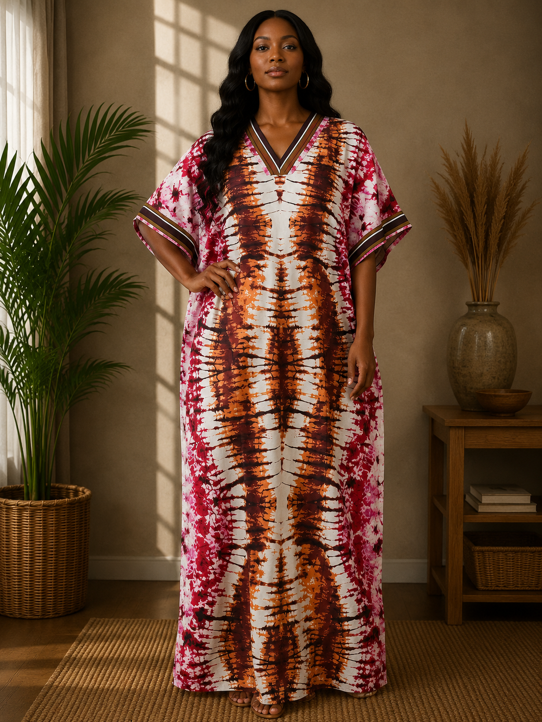 Ankara Kaftan with Assoke Stripe Trim | African Print Maxi Dress | Agbeke Style