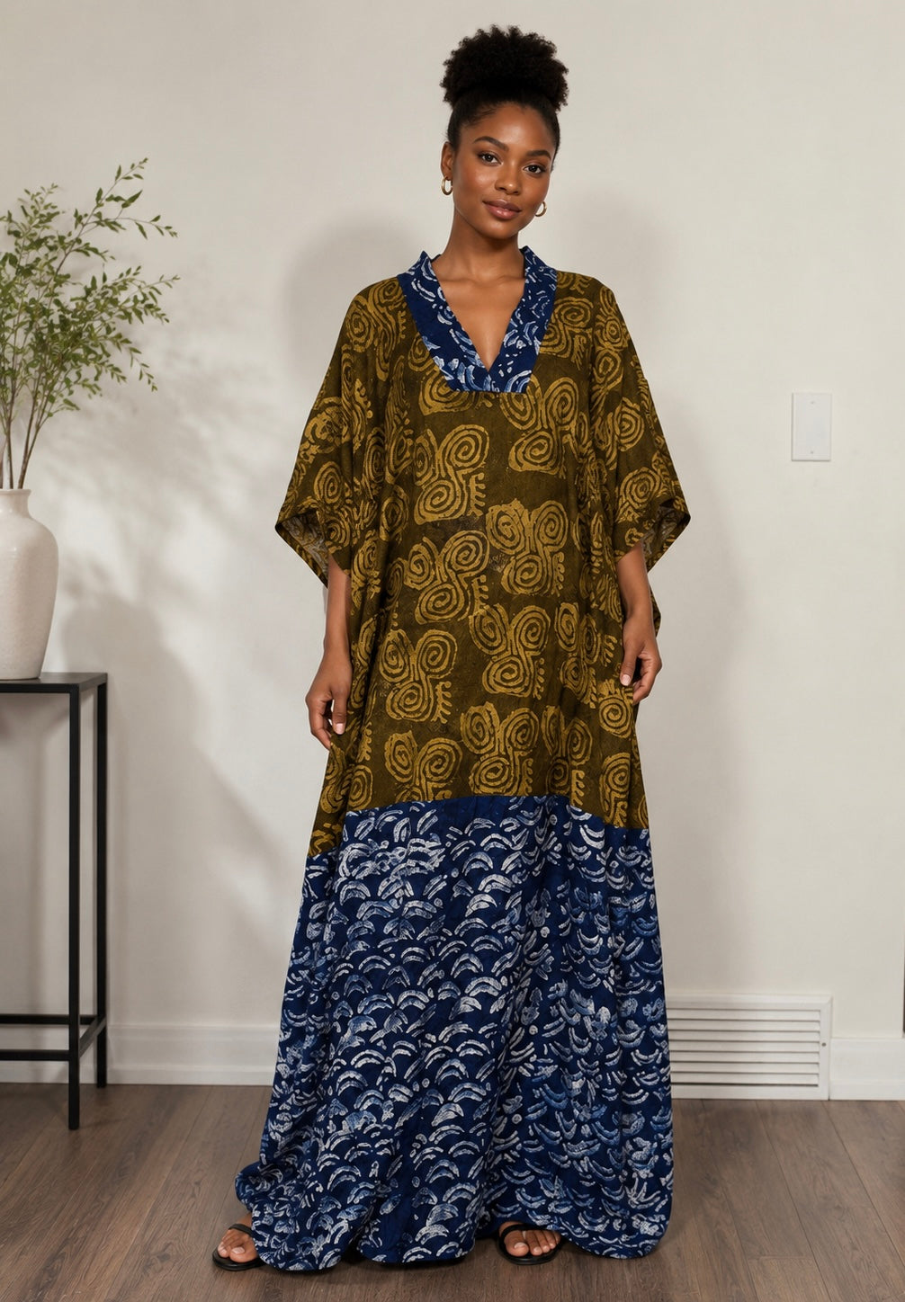 *Adire Maxi Dress with Contrast Neckline| African Print Kaftan | Agbeke Style