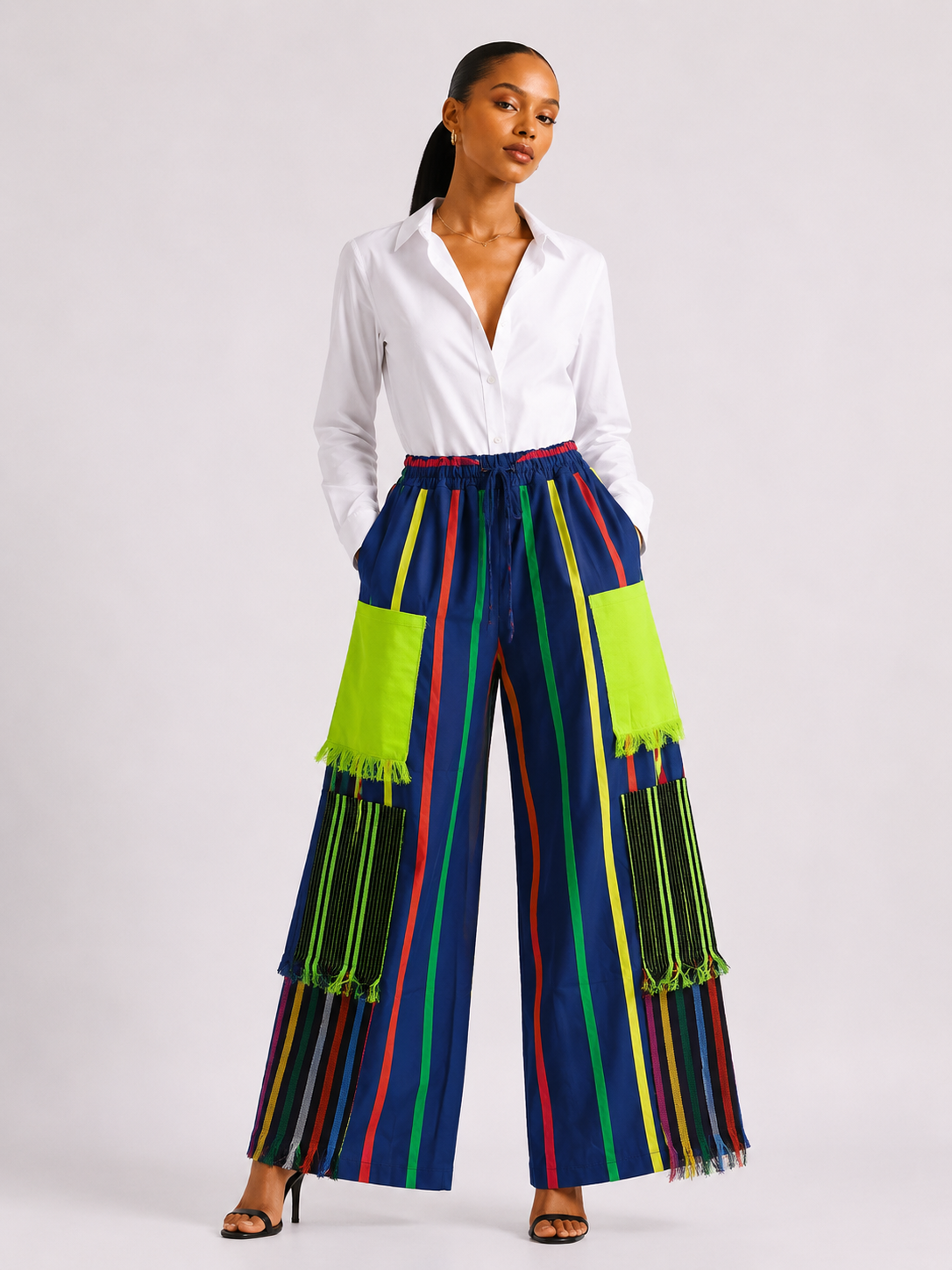 African Print Cargo Pants with Asooke Fringe Pockets | Unisex Wide-Leg Trousers | Agbeke Style