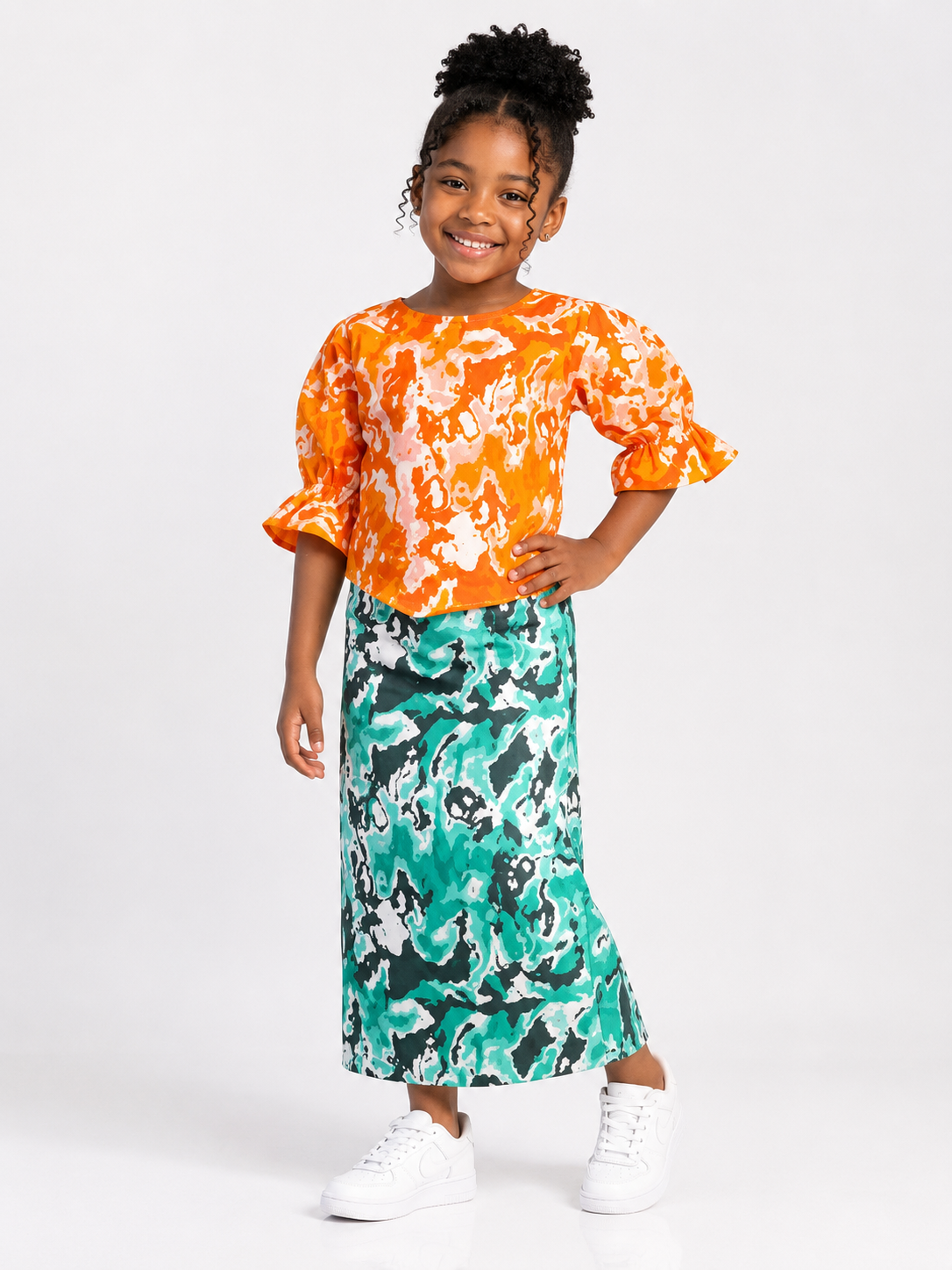 Ankara Contrast Print Ruffle Sleeve Top & Midi Skirt Set | African Print Kids' 2-Piece | Agbeke Style