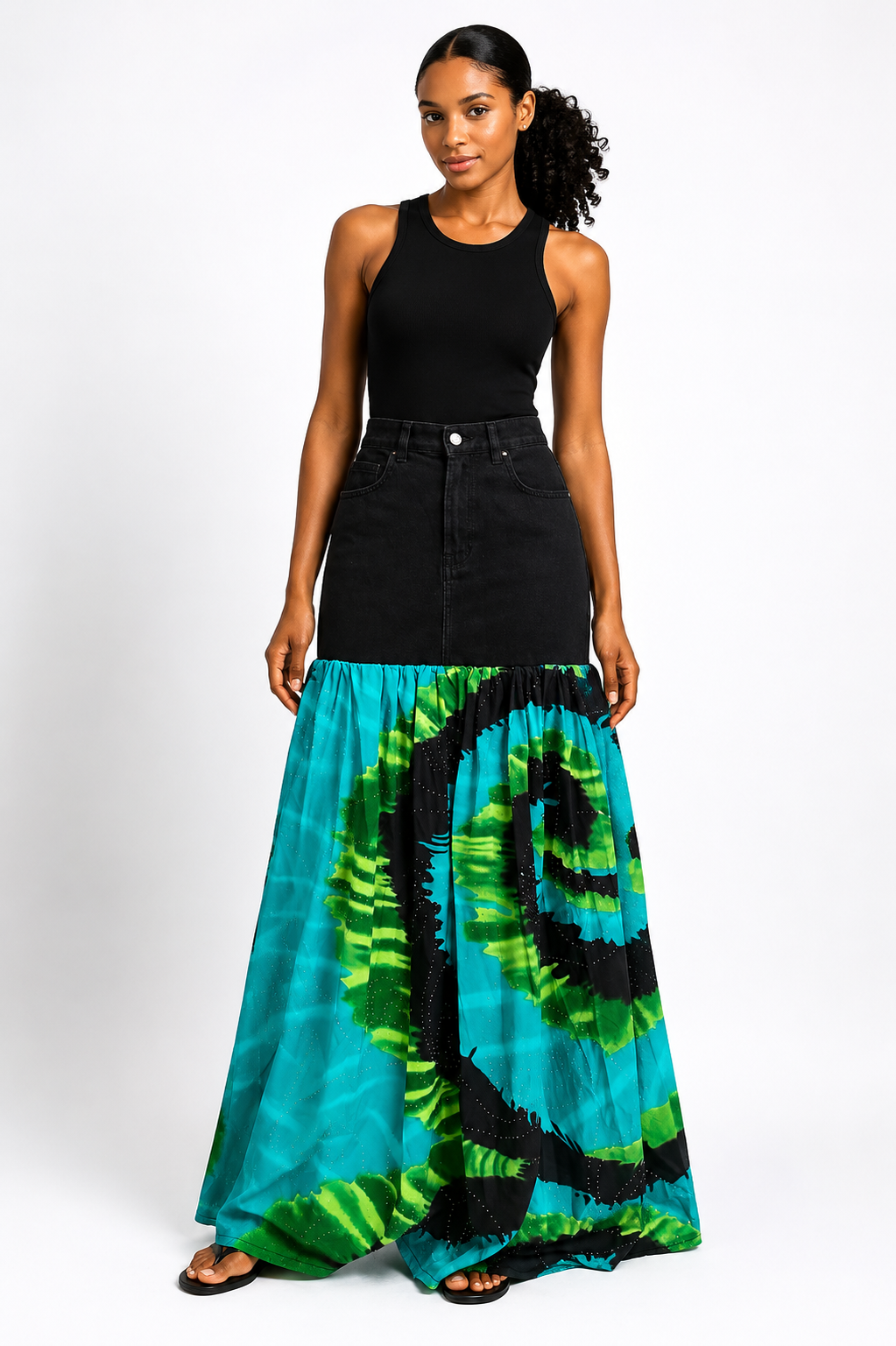 *Denim & Adire Print Chiffon Tiered Maxi Skirt | African Print Maxi Skirt | Agbeke Style