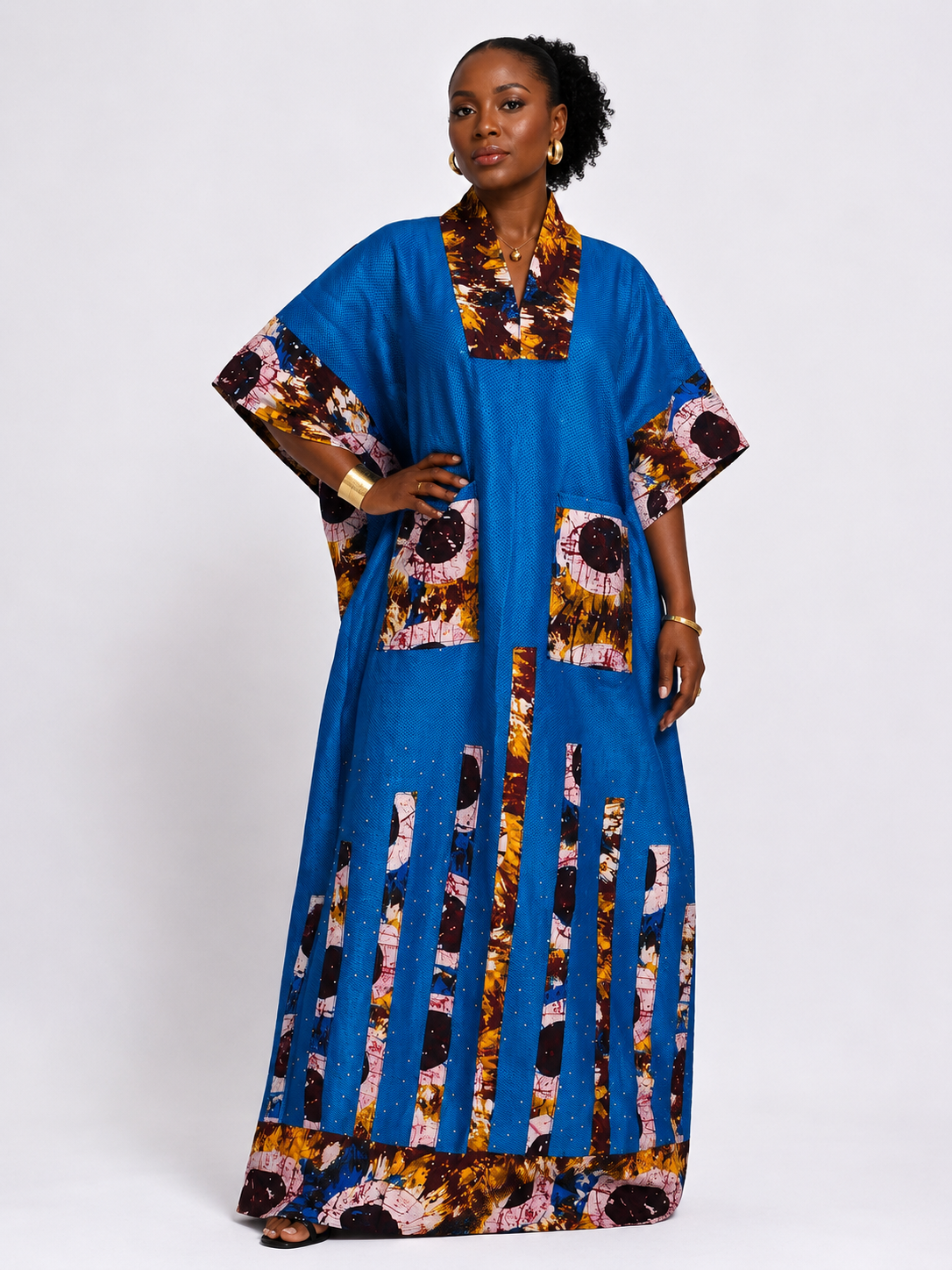 Mesh & Ankara Patchwork Bubu Maxi Dress | Rhinestone Detail | Agbeke Style