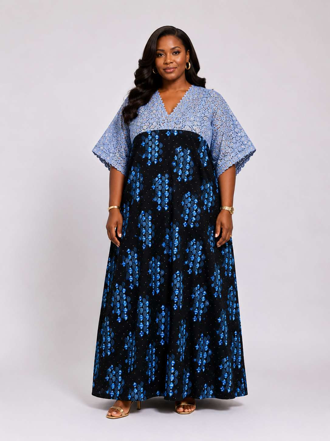 Ankara & Lace Bubu Maxi Dress | Rhinestone Detail | Agbeke Style