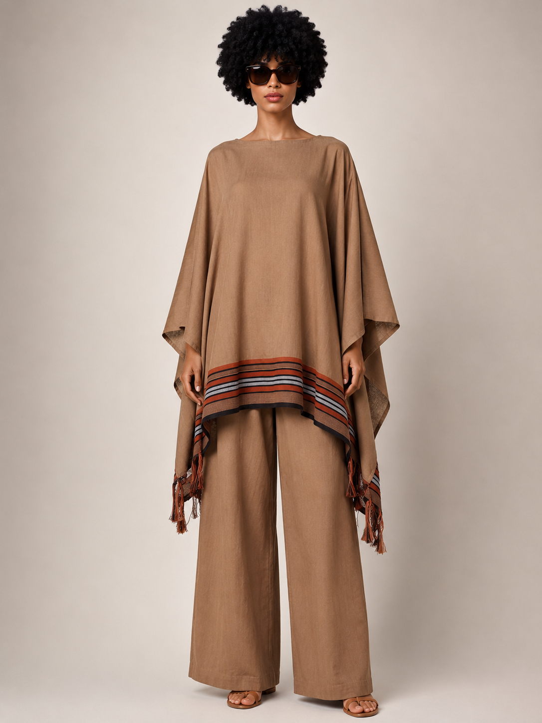 Linen & Asooke Poncho & Straight Leg Pants Set | African Trim Co-ord | Agbeke Style
