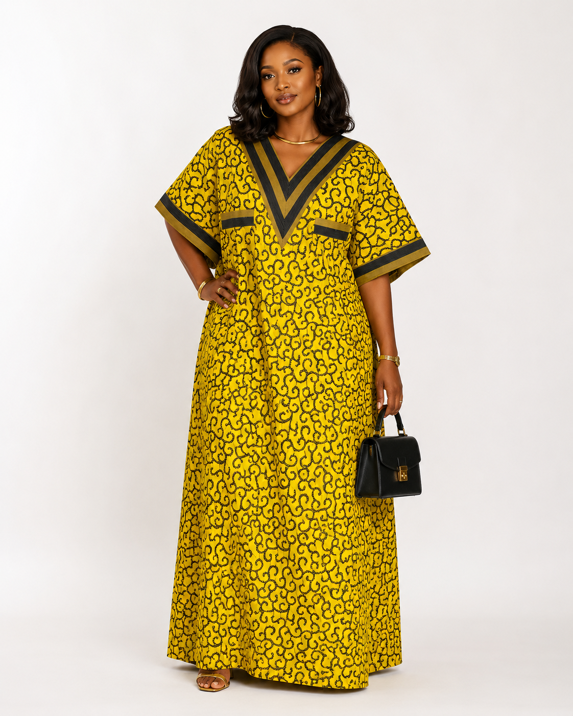 Ankara with Asooke V-Neck Bubu Maxi Dress | Rhinestone Detail | Agbeke Style
