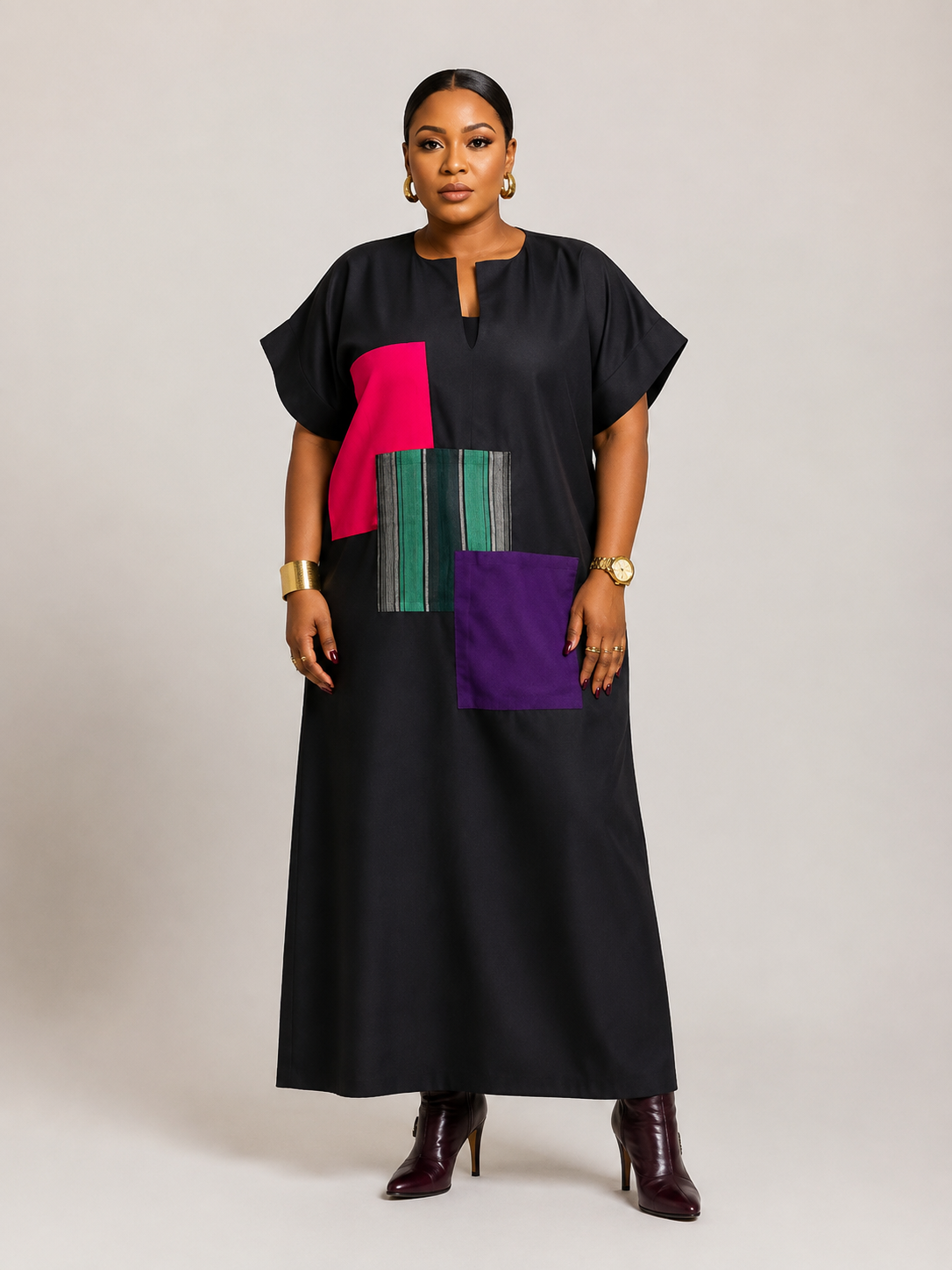**Colorblock Kaftan with Aso-Oke Patch Detail | Agbeke Style