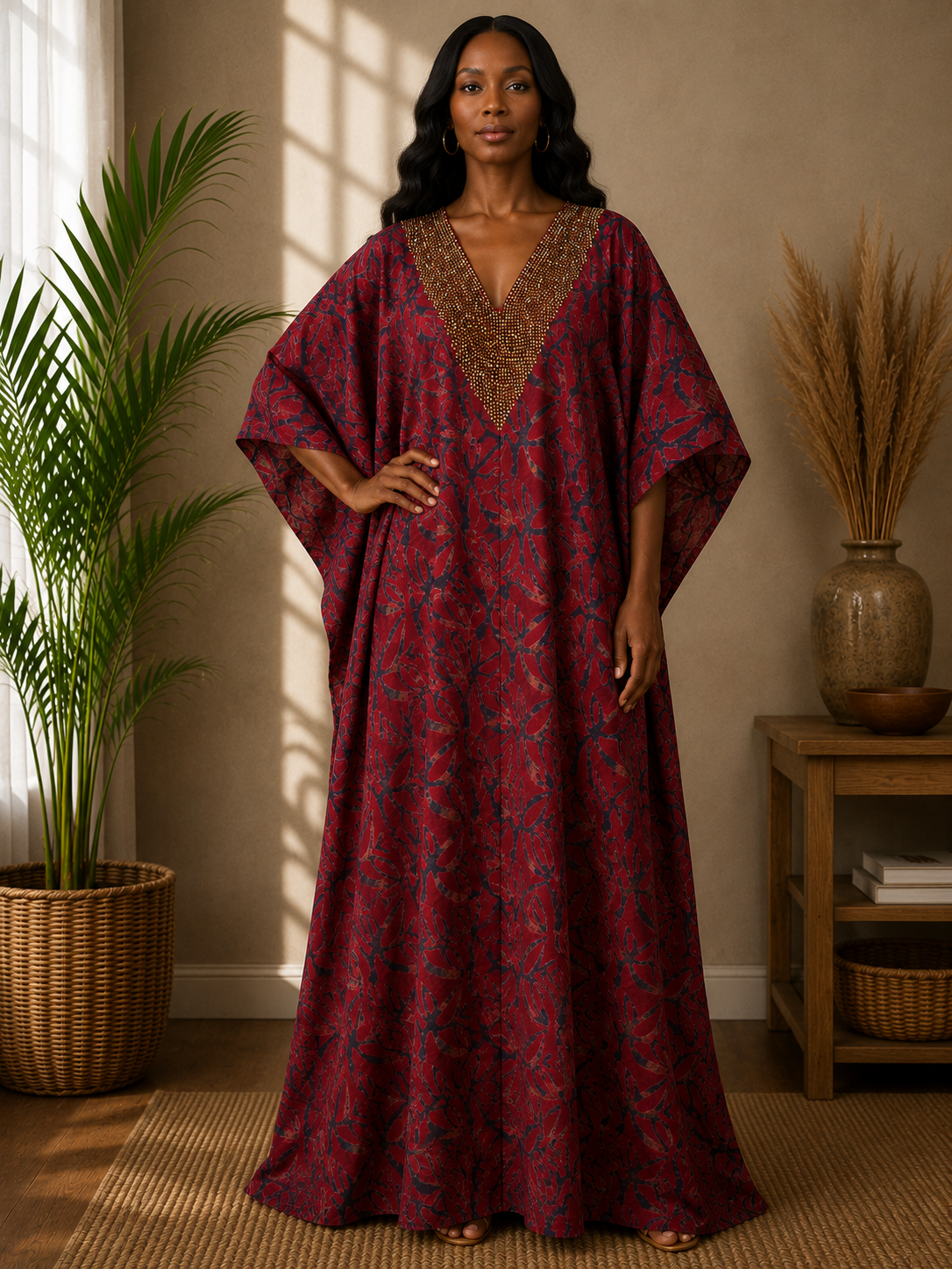 Adire Crepe Kaftan with Rhinestone Neckline | Women's Luxe Maxi Kaftan | Agbeke Style