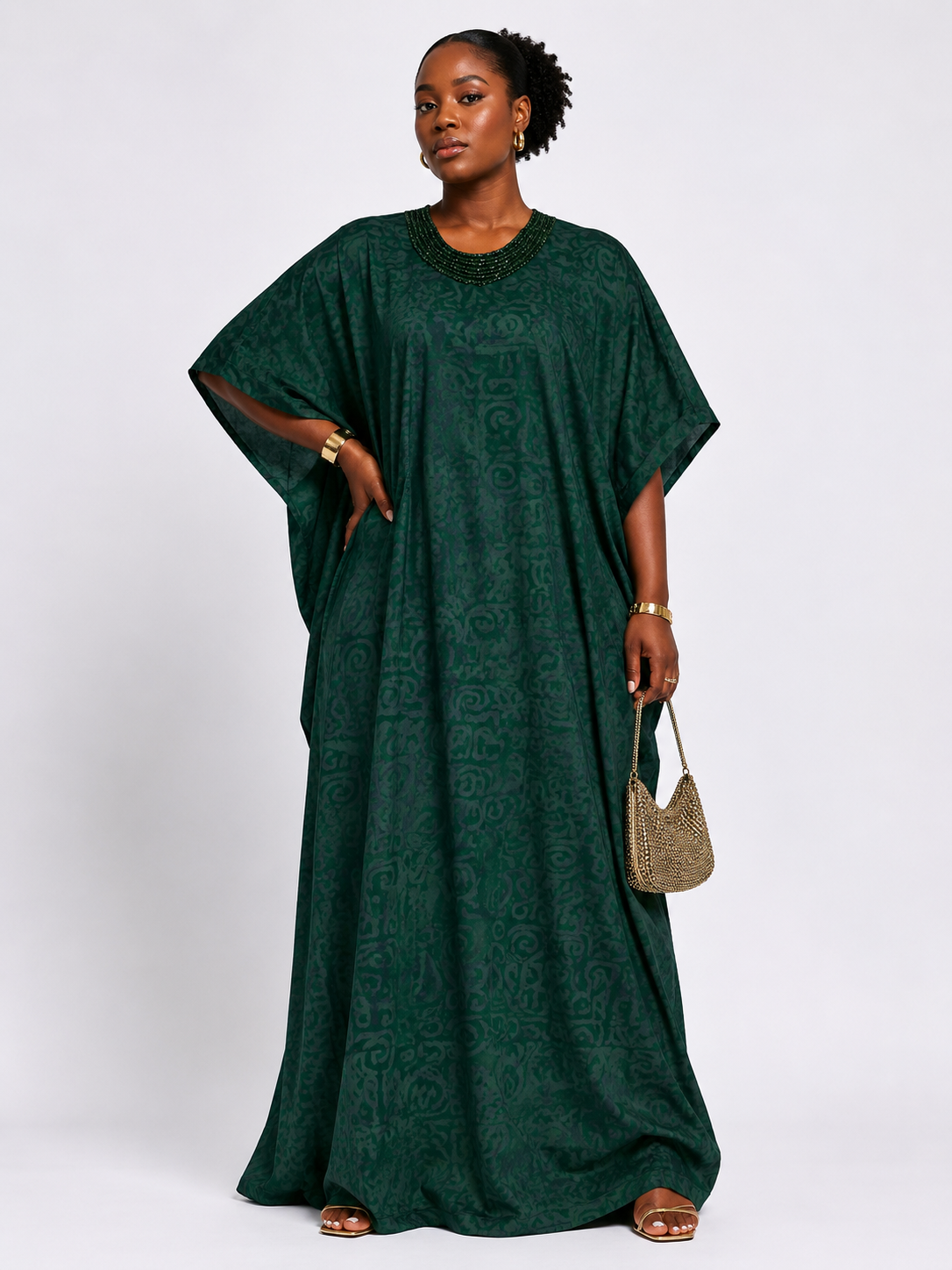 Adire Beaded V-Neck Bubu Maxi Dress | Rhinestone Detail | Agbeke Style