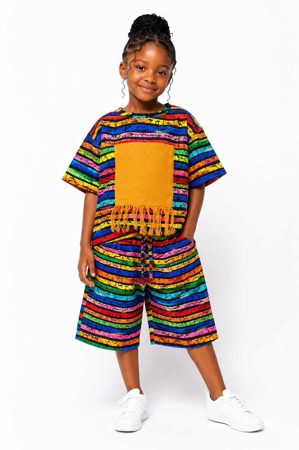 Ankara Top & Shorts Set with Asooke Fringe Pocket | African Print Kids' 2-Piece | Agbeke Style