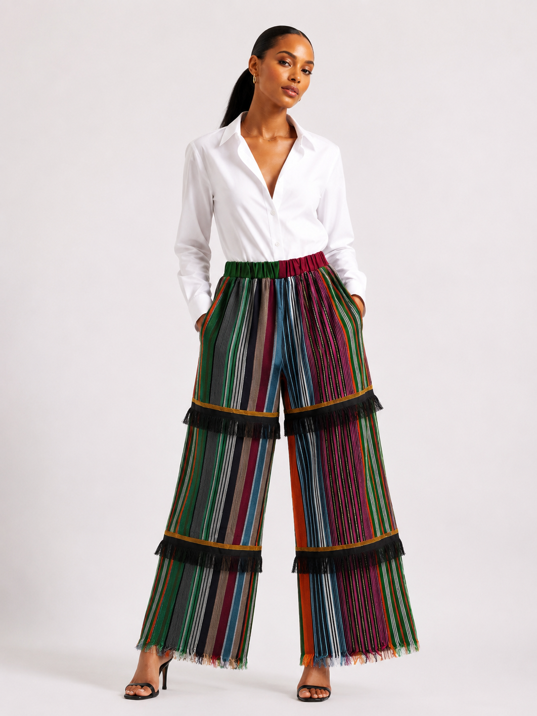Asooke With Fringe Wide Leg Palazzo Pants | African Striped Trousers | Agbeke Style