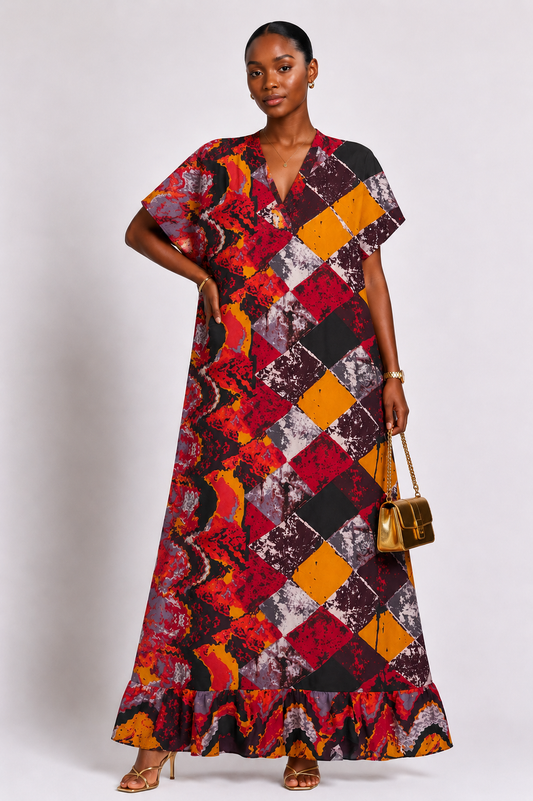 Ankara V-Neck Maxi Dress with Ruffle Hem | African Print Kaftan | Agbeke Style