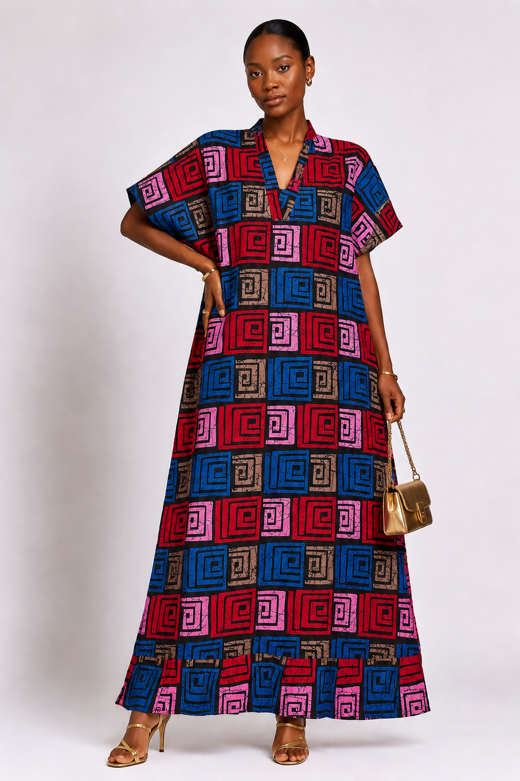 Ankara V-Neck Maxi Dress with Ruffle Hem | African Print Kaftan | Agbeke Style
