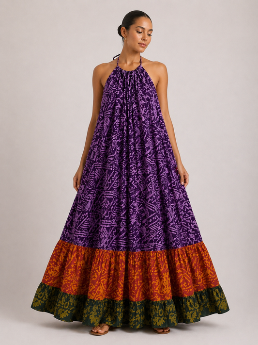 Adire Backless Halter Maxi Dress | African Print Dress | Agbeke Style