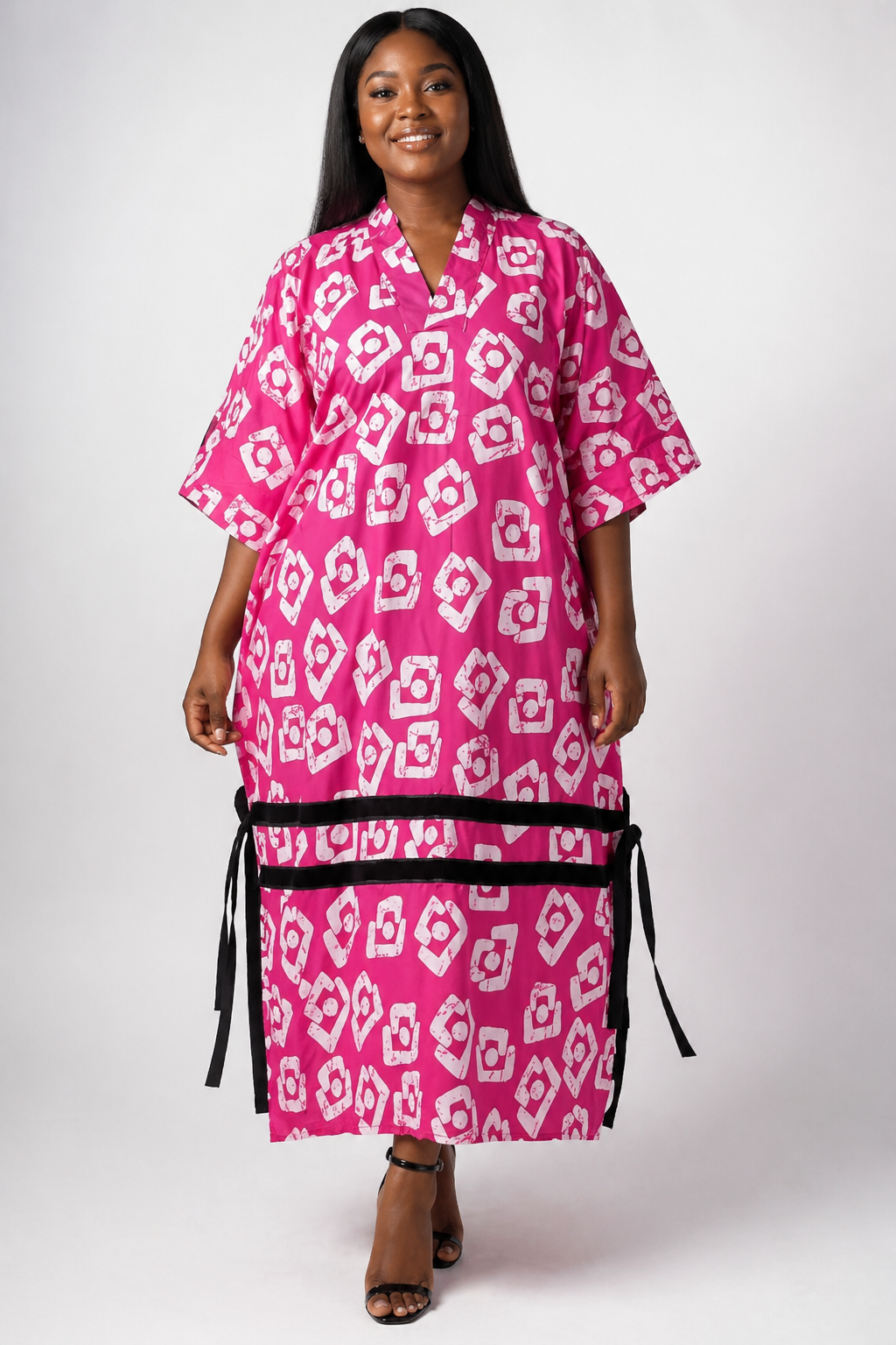 *Ankara Midi Bubu Dress with Black Tie (Contrast Trim) | African Print Midi Kaftan | Agbeke Style