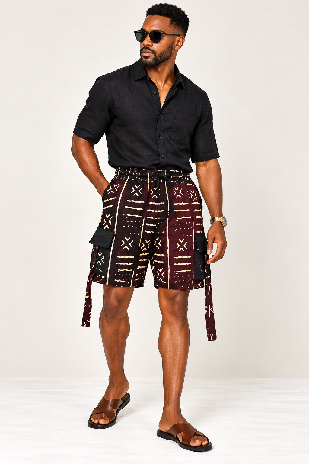**Straps on Cargo Drawstring Shorts | Men's African Print Shorts| Agbeke Style
