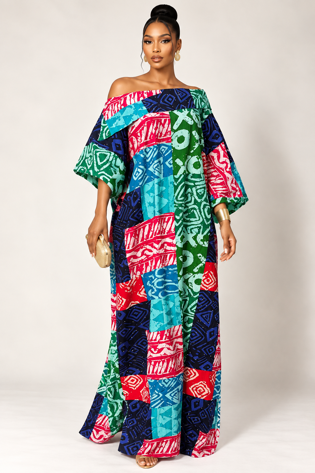 *Multicolor Off-the-Shoulder Ankara Bubu Maxi Dress | Agbeke Style
