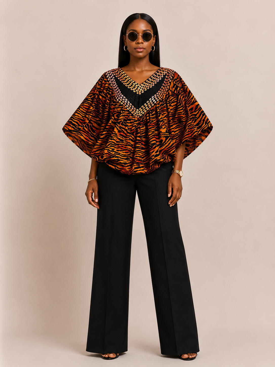 Ankara V-Neck Cape Top with Beaded Trim | African Print Top | Agbeke Style