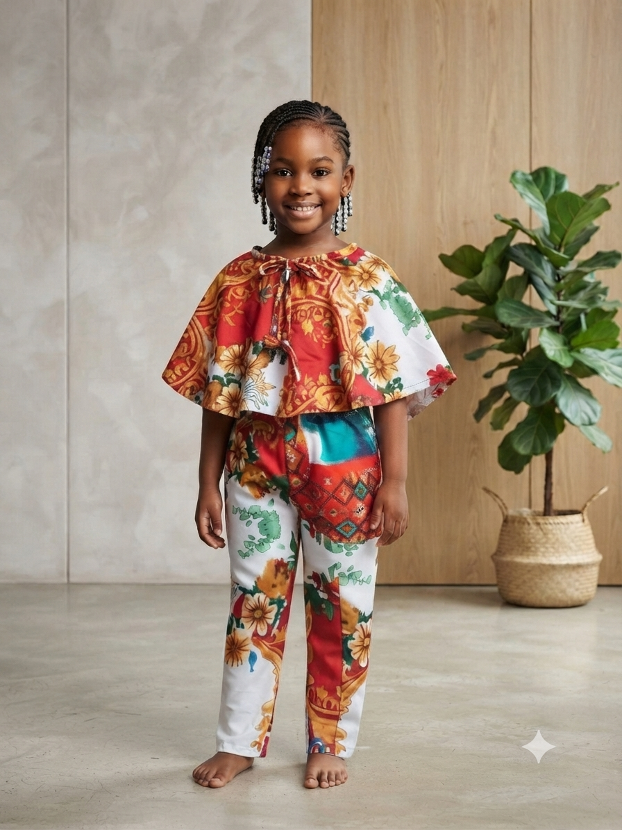 Colour Block Print Cape Top & Wide-Leg Pants Set | Kids' 2-Piece Set | Agbeke Style