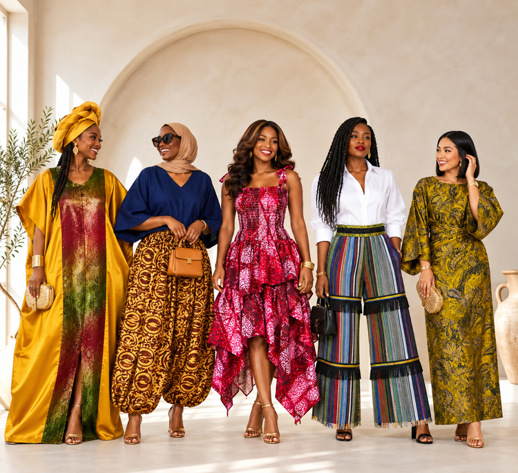 Picture of 5 women wearing some items in the signature edit collection in the order; Mikado bubu, balloon pants, handkerchief & top set, asooke fringe pants and silk iro & buba.