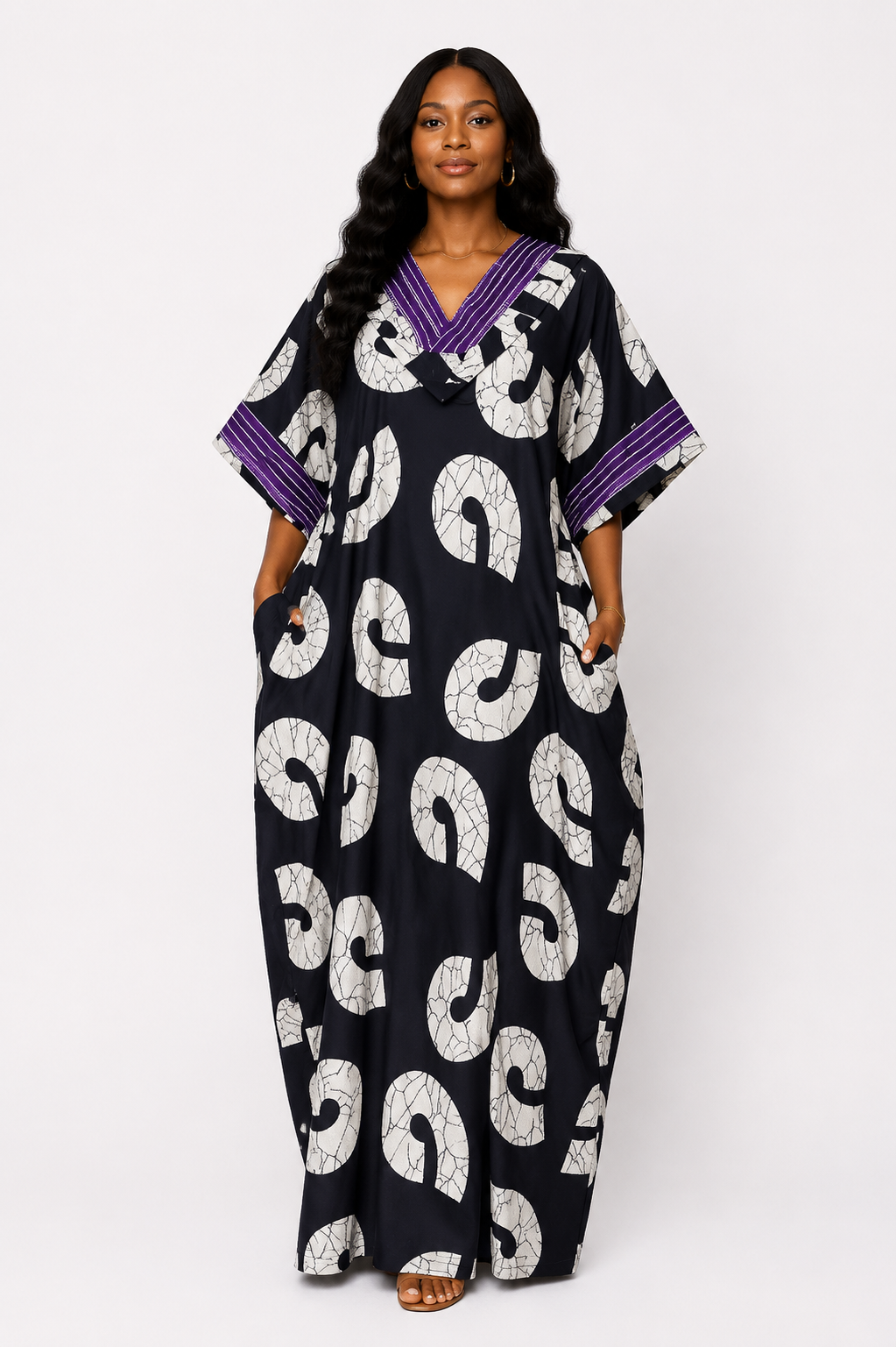 Ankara Kaftan with Assoke Stripe Trim | African Print Maxi Dress | Agbeke Style