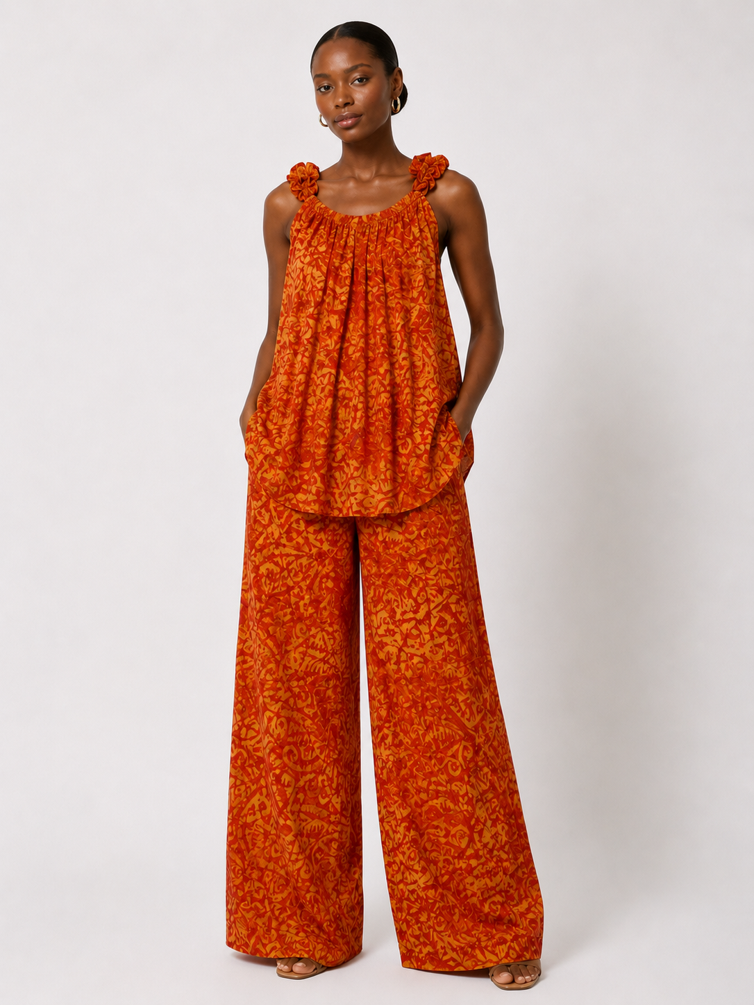 Adire Ruffle Strap High-Low Top & Palazzo Pants Set | African Print Co-ord | Agbeke Style
