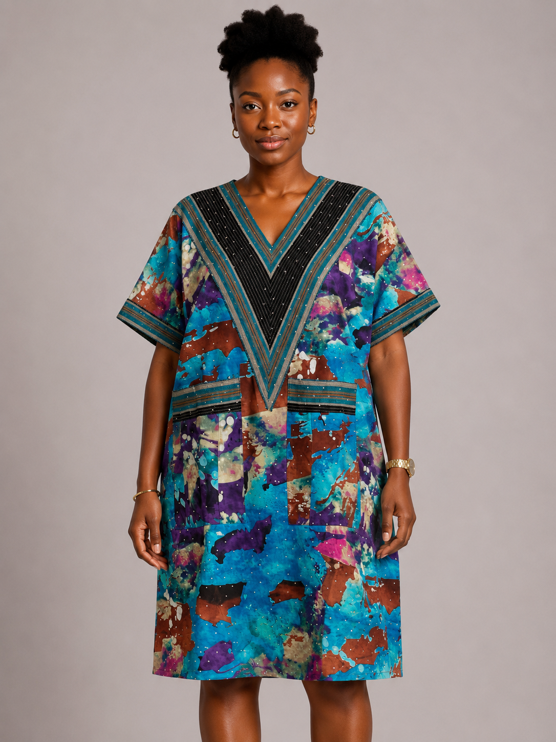 Ankara & Asooke V-Neck Bubu Short Dress | Rhinestone Detail | Agbeke Style (Copy)