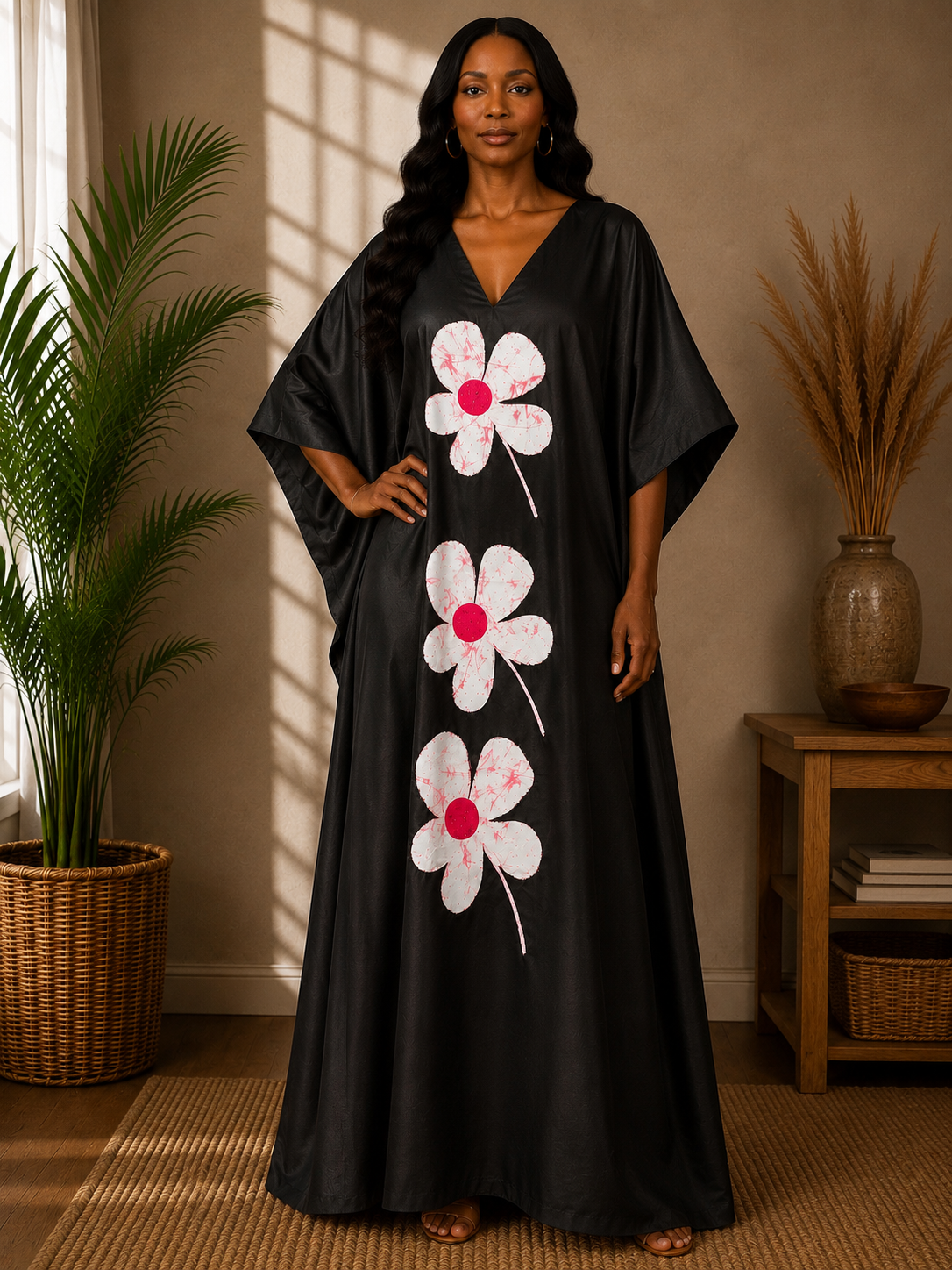 Black Mikado Kaftan with Ankara Flower Appliqué | Women's Maxi Kaftan | Agbeke Style