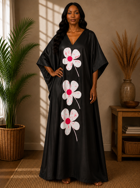 Black Mikado Kaftan with Ankara Flower Appliqué | Women's Maxi Kaftan | Agbeke Style