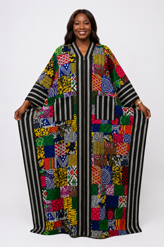 Ankara & Asooke 2-in-1  Kimono Maxi Dress with Rhinestone | Agbeke Style