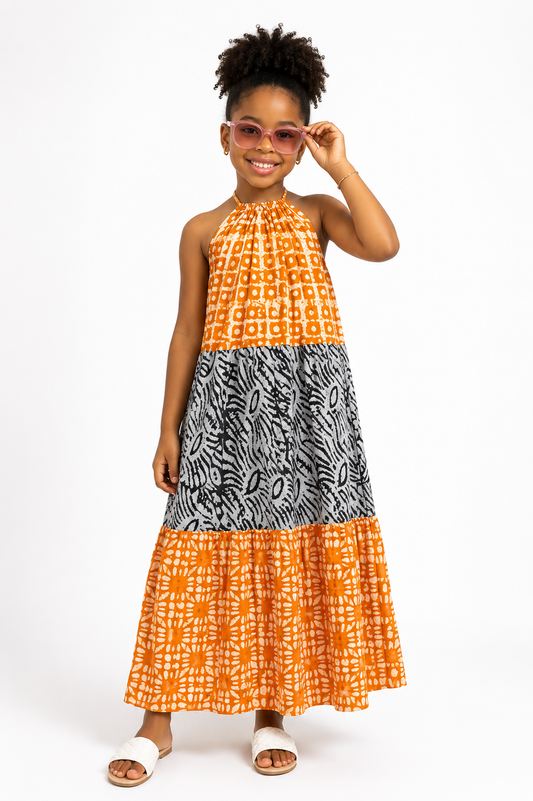 Ankara Patchwork Tiered Halter Maxi Dress | African Print Kids' Dress | Agbeke Style