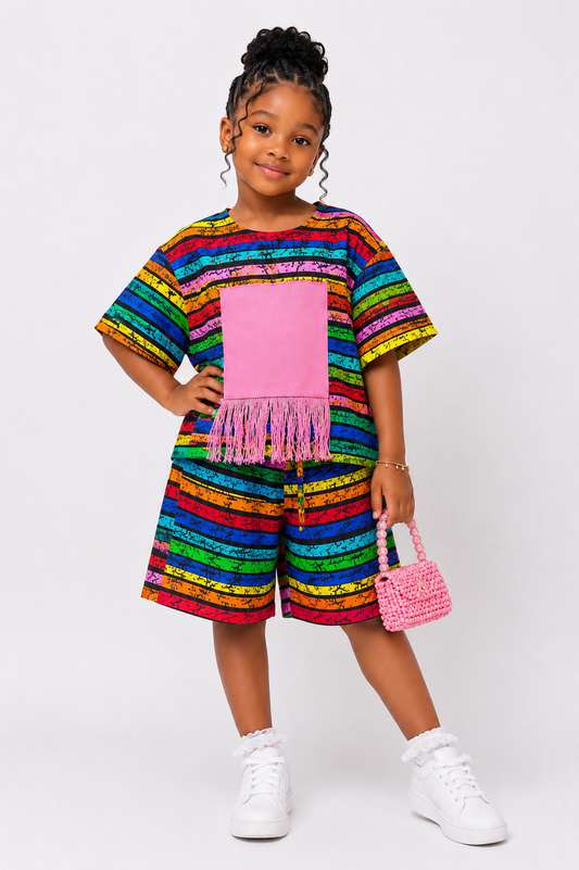 Ankara Top & Shorts Set with Asooke Fringe Pocket | African Print Kids' 2-Piece | Agbeke Style