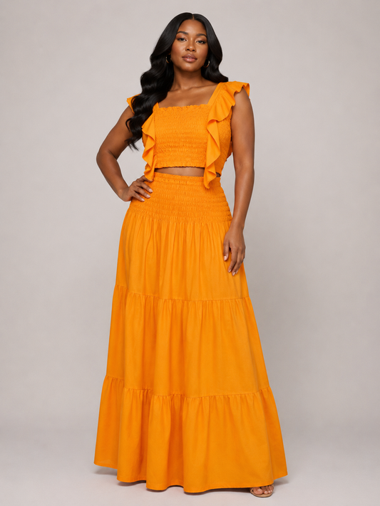 *Smocked Ruffle Crop Top & Tiered Maxi Skirt Set | Women's Co-ord | Agbeke Style
