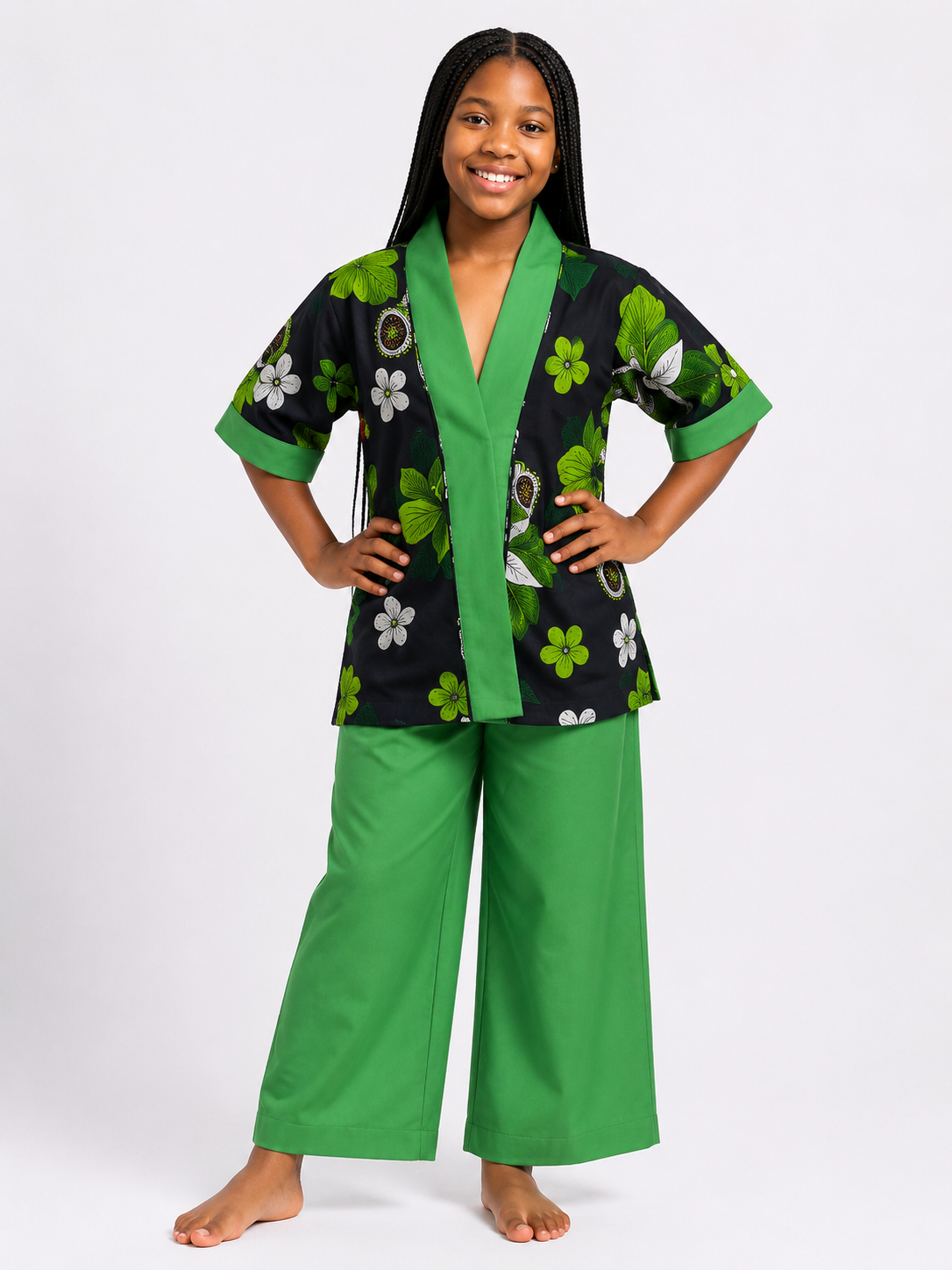 Ankara Floral Kimono Top & Wide-Leg Pants Set | African Print Kids' 2-Piece | Agbeke Style