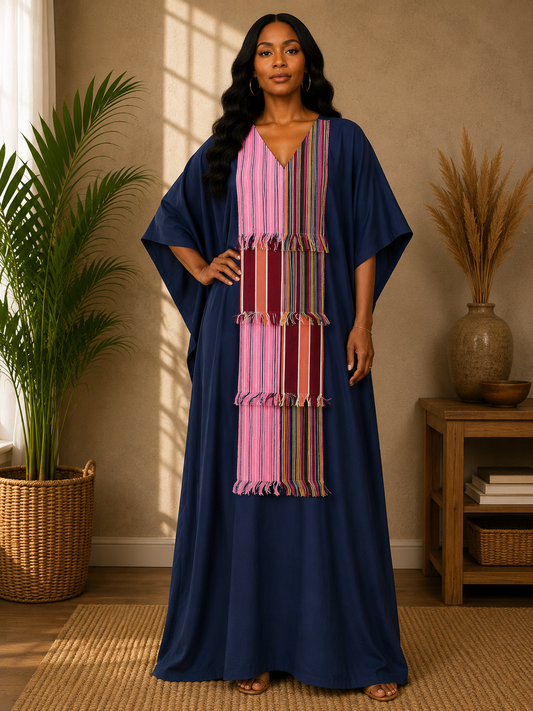 Kaftan with Asooke Patchwork Fringe Panel | Women's Maxi Kaftan | Agbeke Style