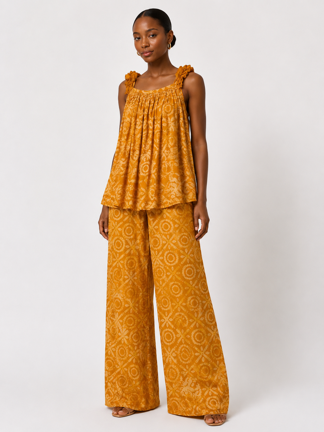 Adire Ruffle Strap High-Low Top & Palazzo Pants Set | African Print Co-ord | Agbeke Style