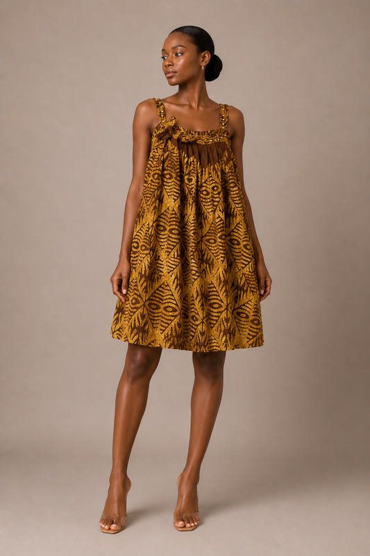 *Adire Crepe Mini Dress with Rhinestone Straps | African Print Sundress | Agbeke Style