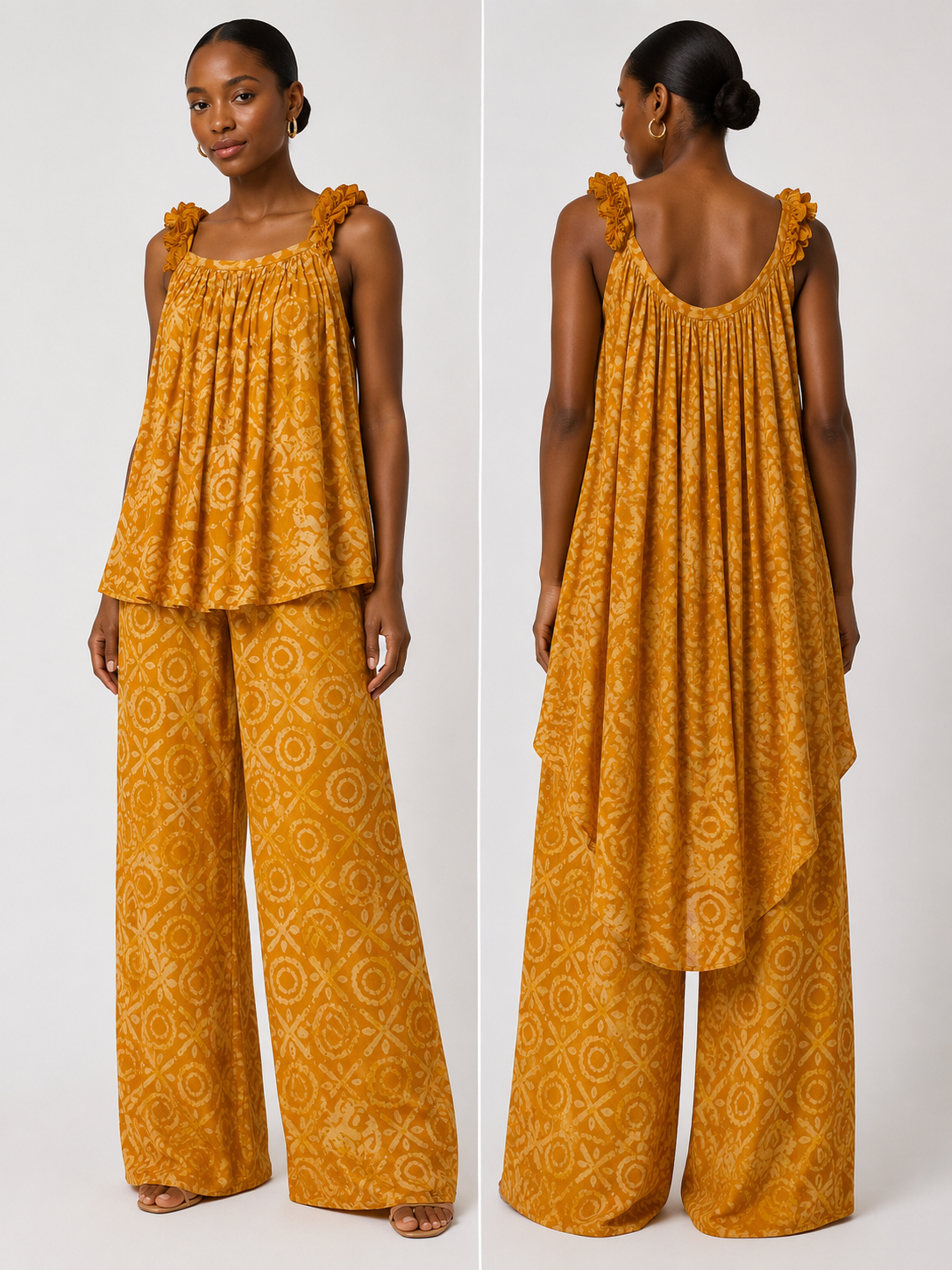 Adire Ruffle Strap High-Low Top & Palazzo Pants Set | African Print Co-ord | Agbeke Style