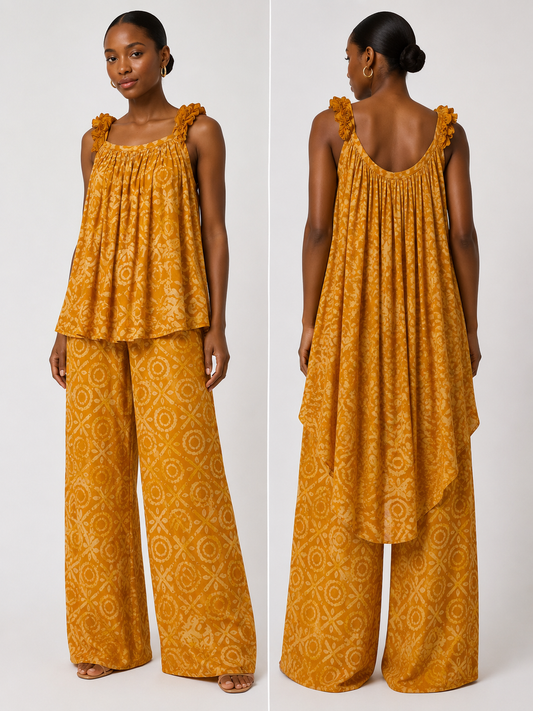 Adire Ruffle Strap High-Low Top & Palazzo Pants Set | African Print Co-ord | Agbeke Style