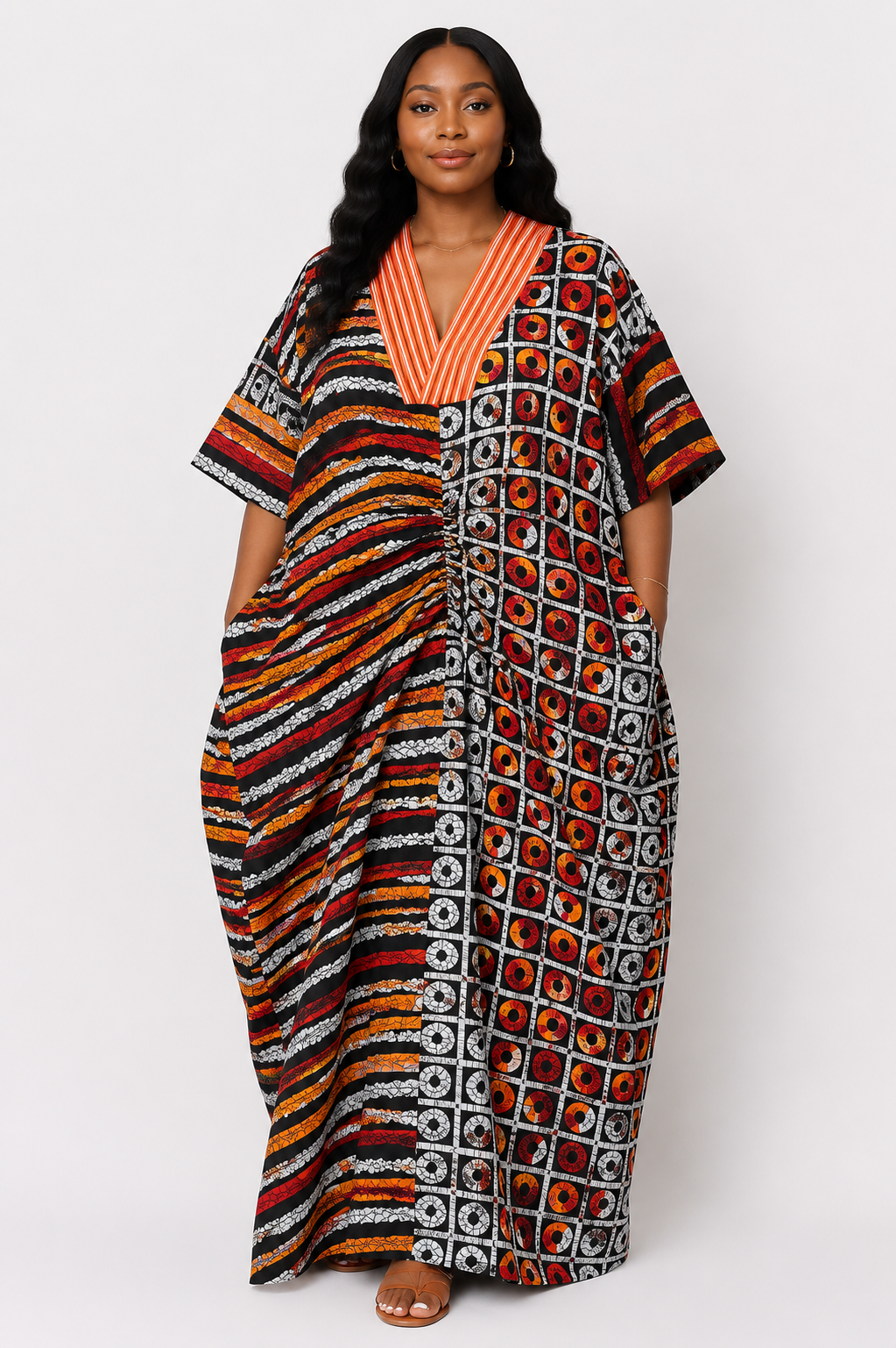 Ankara Ruched Kaftan with Contrast V-Neck | African Print Maxi Dress | Agbeke Style