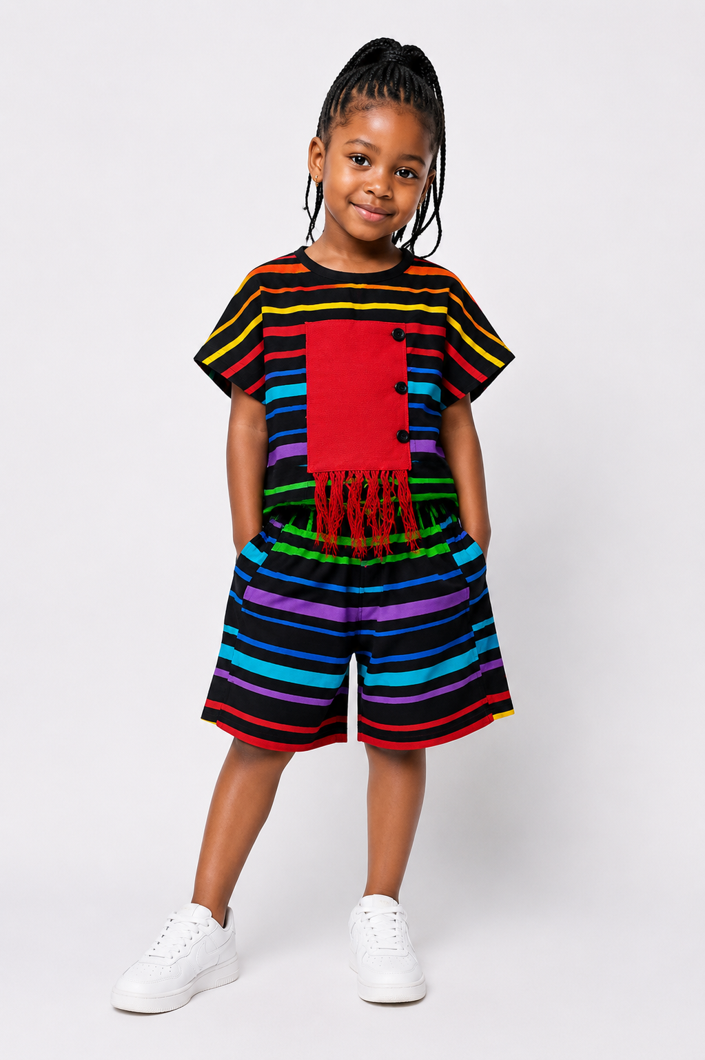 Ankara Top & Shorts Set with Asooke Fringe Pocket | African Print Kids' 2-Piece | Agbeke Style