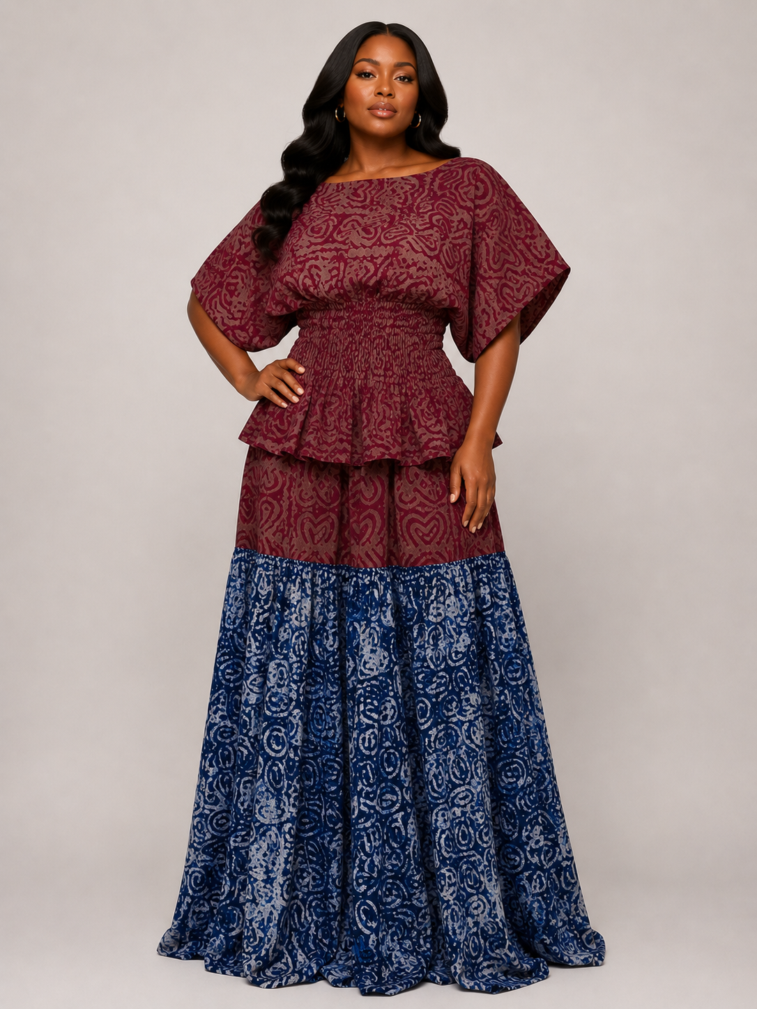 *Adire Smocked Peplum Top & Tiered Maxi Skirt Set | African Print Co-ord | Agbeke Style