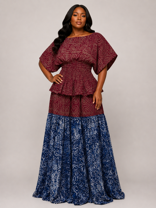 *Adire Smocked Peplum Top & Tiered Maxi Skirt Set | African Print Co-ord | Agbeke Style