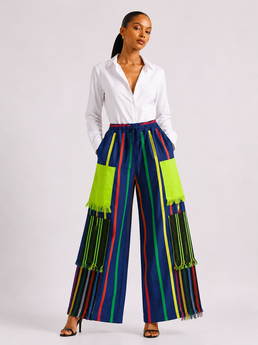 African Print Cargo Pants with Asooke Fringe Pockets | Unisex Wide-Leg Trousers | Agbeke Style