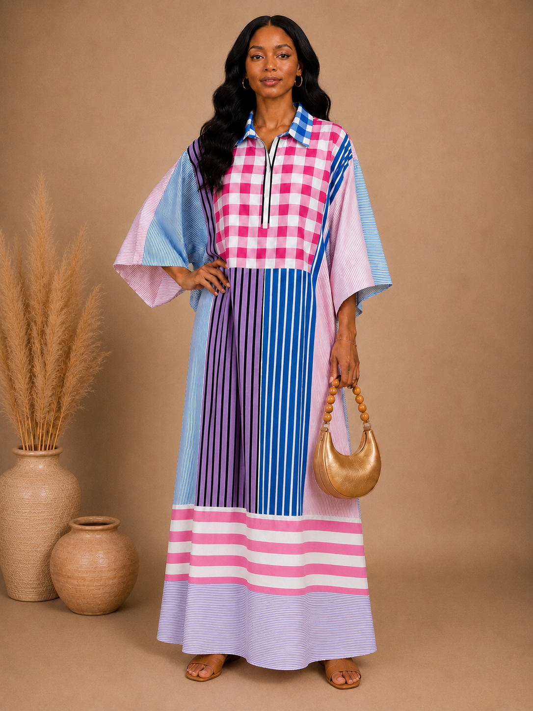 Pastel Mosaic Kaftan Maxi Dress | Relaxed Fit Plaid Gown  | Agbeke Style (Copy)