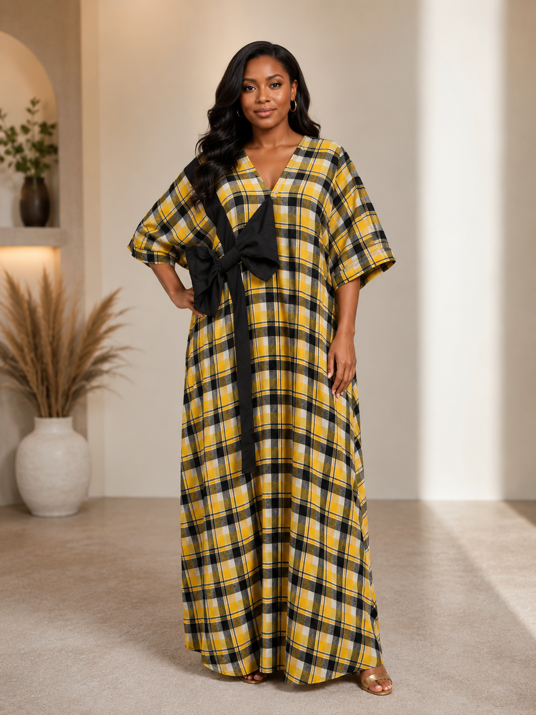Front Bow Accent Maxi Dress | Relaxed Fit Plaid Gown  | Agbeke Style