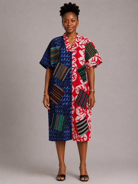 Ankara & Asooke Patchwork Bubu Short Dress | Rhinestone Detail | Agbeke Style