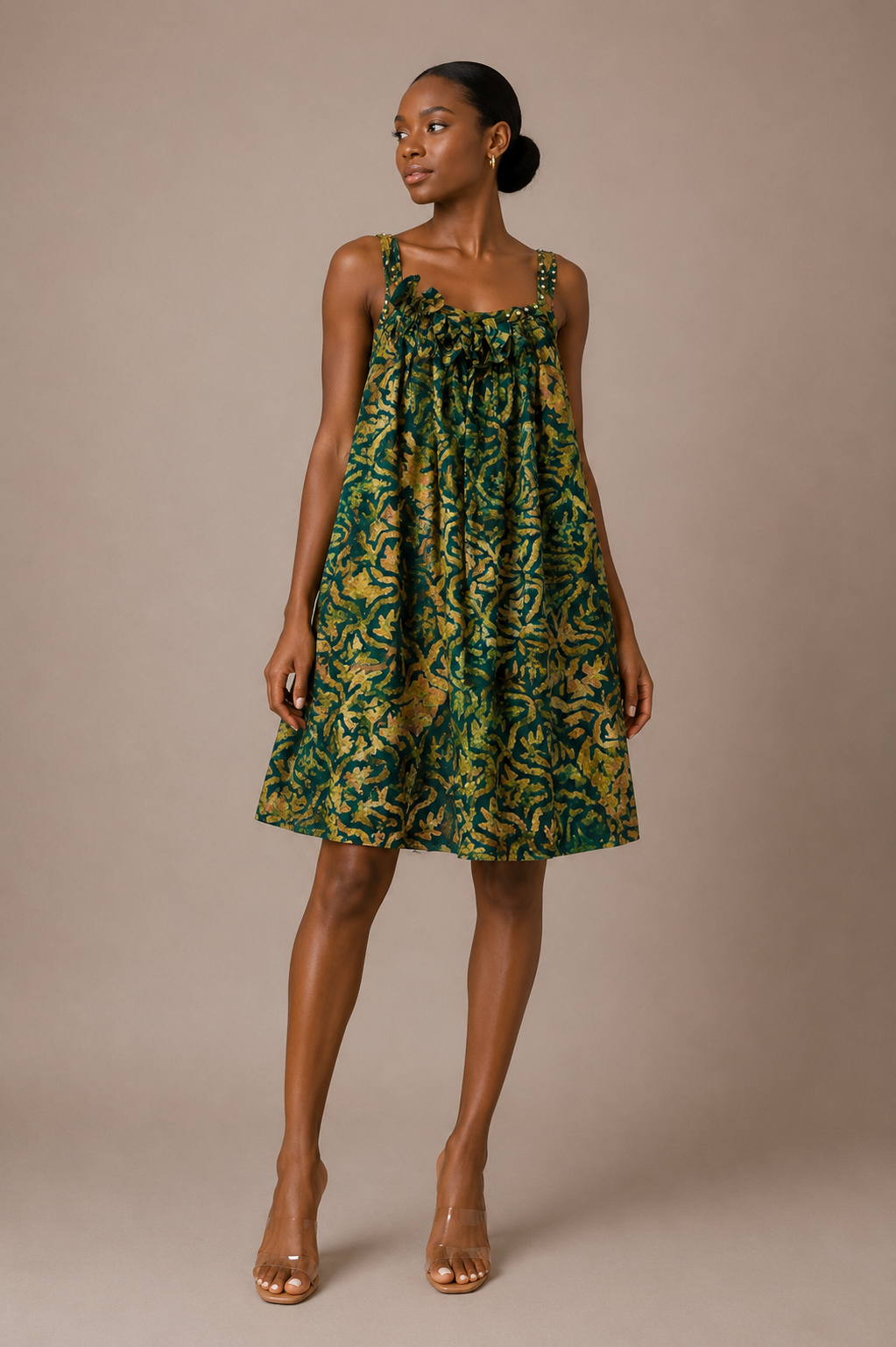 *Adire Crepe Mini Dress with Rhinestone Straps | African Print Sundress | Agbeke Style