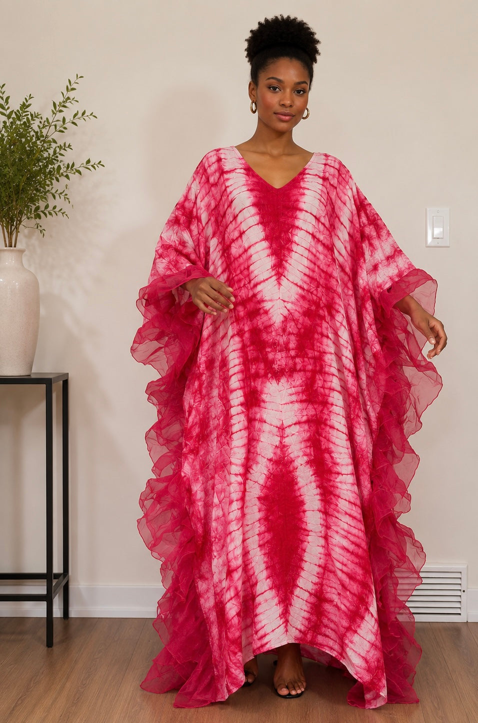 *Adire Silky Maxi Dress with Ruffle Hem | African Print Kaftan | Agbeke Style
