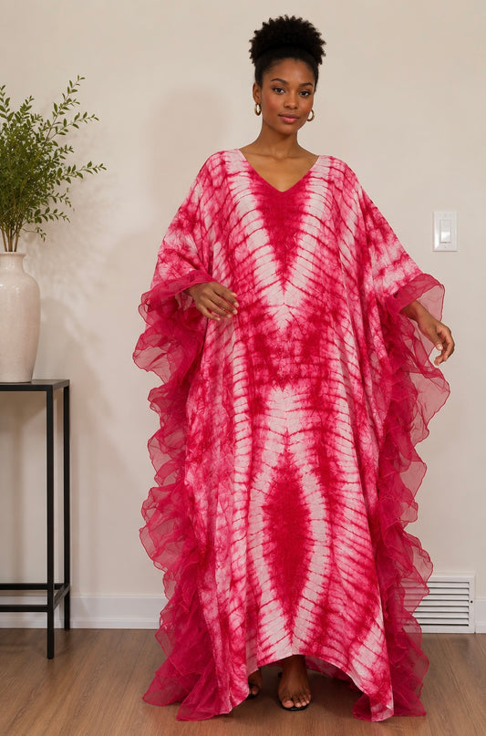 *Adire Silky Maxi Dress with Ruffle Hem | African Print Kaftan | Agbeke Style
